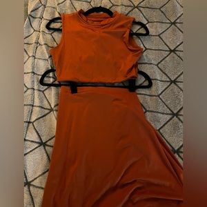 Two piece dark orange bodycon crop top and skirt